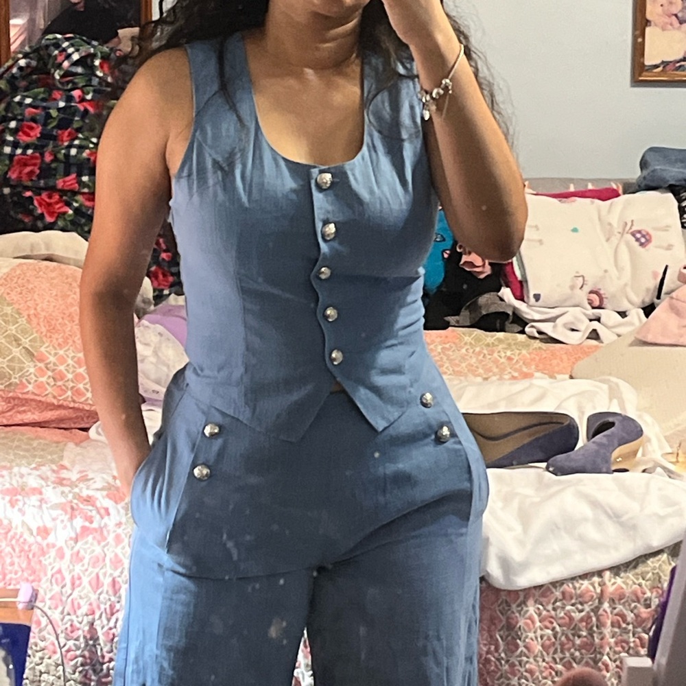 Blue Sleeveless Button-Down Jumpsuit